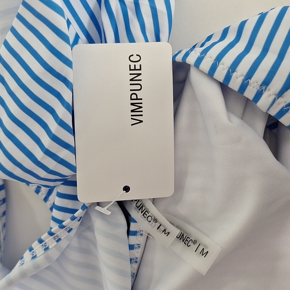 Vimpunec One Shoulder Bikini Set Blue White Strip High Waist - Picture 8 of 9